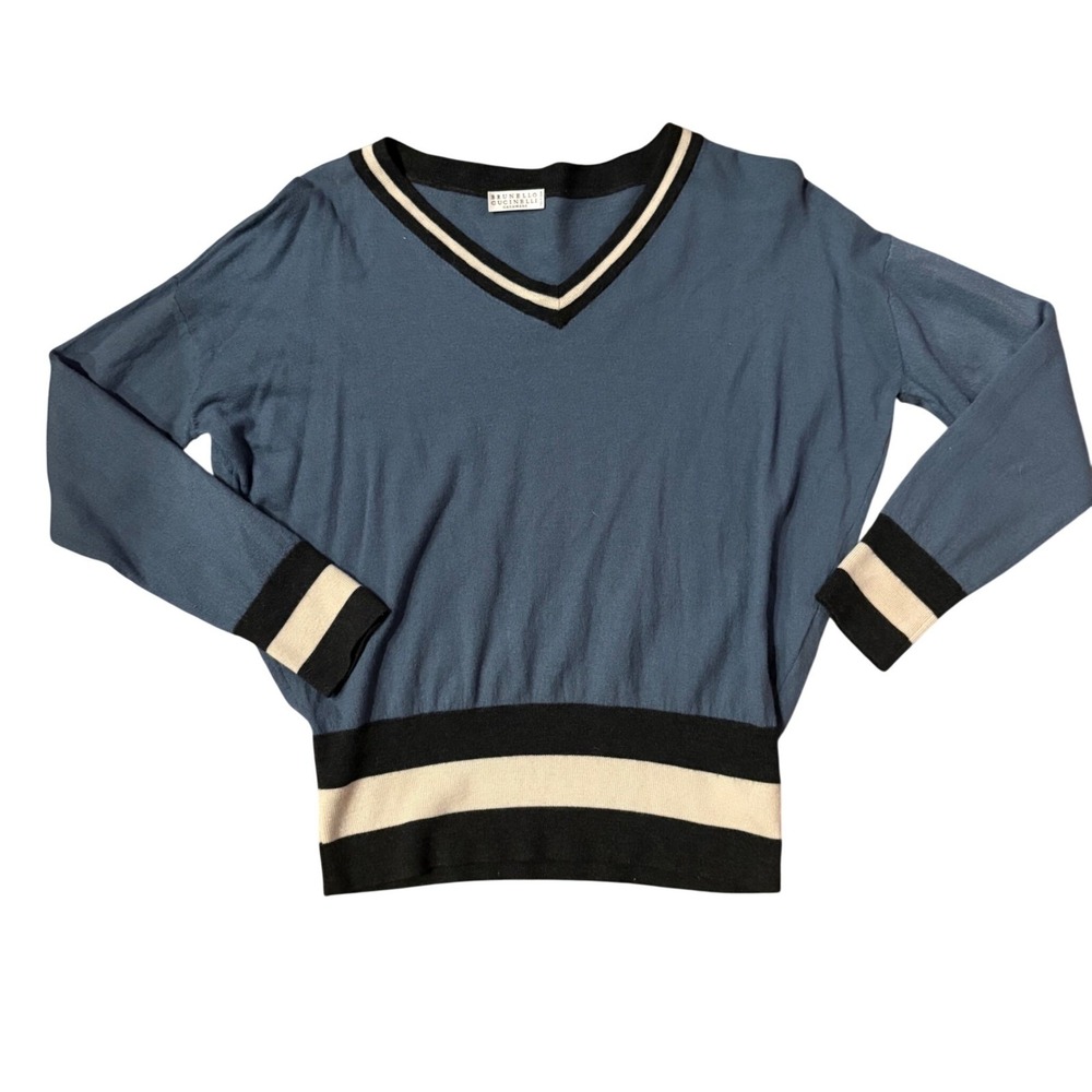 BRUNELLO CUCINELLI Blue Wool Cashmere Blend V-neck Sweater Size Small